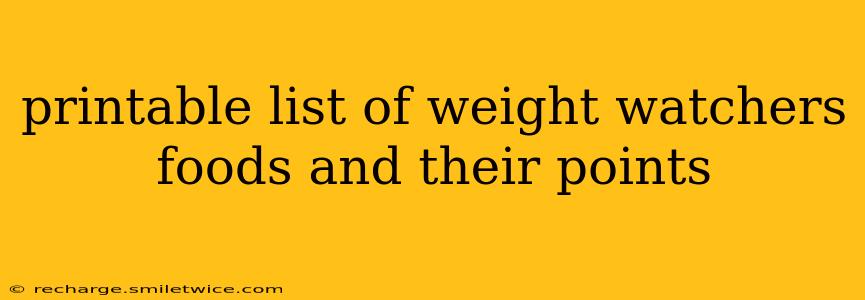 printable list of weight watchers foods and their points